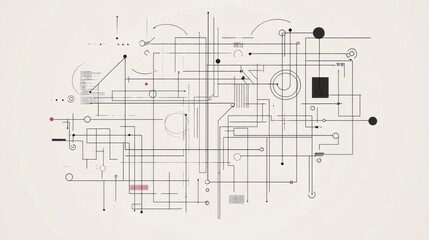 Abstract geometric network design with lines, circles, and squares.