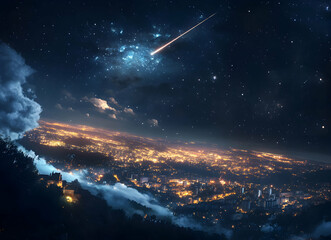 Night Cityscape Under a Shooting Star and Starry Sky