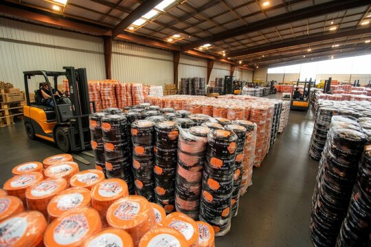 A warehouse stacked with substantial amounts of inventory, with forklifts and workers efficiently organizing items