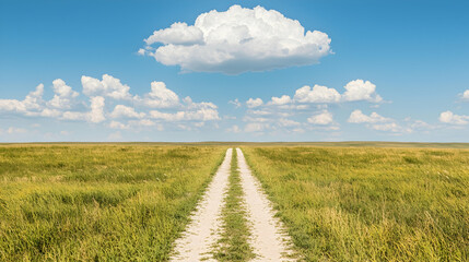 Obraz premium Prairie road leads to horizon under sunny sky