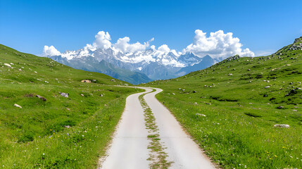 Winding mountain road, summer Alps, scenic view, travel