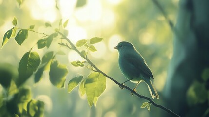 Obraz premium A serene green bird perched on a branch bathed in soft morning light among foliage