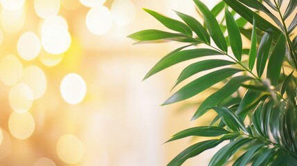 Obraz premium Green parlor palm fronds filling frame, golden bokeh background softening edges, conveying lush tropical indoor greenery with warm, tranquil lighting atmosphere