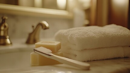 A calm bathroom atmosphere with stacks of towels, soap and toothbrushes on a wooden surface with natural lighting