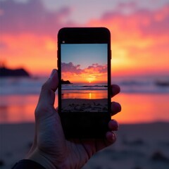 Hand with smartphone, taking picture of sunset at sea. Blurred sea or ocean with sun setting. Image in phone camera