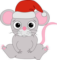 Cartoon Little Mouse in a red Santa's hat, knitted winter hat. Christmas and New Year card, t-shirt composition, handmade vector  graphic line illustration.