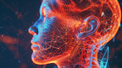 Futuristic human head with glowing digital neural connections
