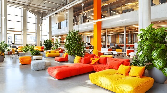 Modern Coworking Space with Colorful Furniture and Green Plants
