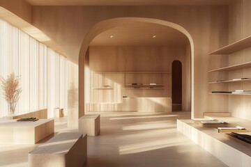 modern minimalist menswear boutique with floating geometric displays, muted earth tones, and ambient lighting casting soft shadows