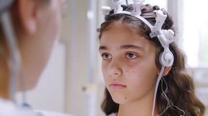 Young girl wearing EEG headset for neurological examination
