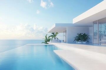 Fototapeta premium modern minimalist luxury villa with infinity pool merging into ocean horizon, white architecture contrasting with lush tropical gardens