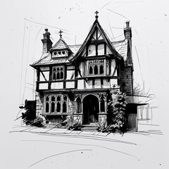 Obraz premium Tudor house art black and white flat design simple line hand drawing on plain white background