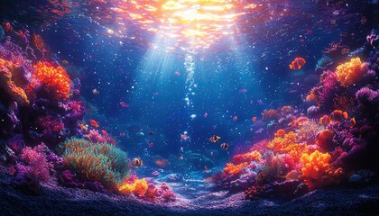 Fototapeta premium Vibrant Coral Reef Underwater Scene With Colorful Fish