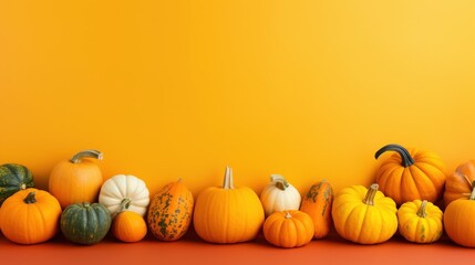 Colorful Pumpkins Arranged in a Frame Isolated on Bright Yellow Background for Fall, Autumn, Halloween, and Seasonal Decor