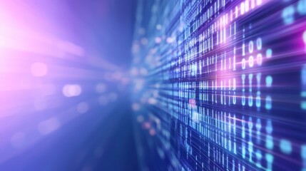 Glowing binary code streams across a digital surface, creating light trails and a bokeh effect, evoking a sense of data flow and technological advancement