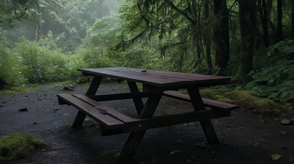 Fototapeta premium In a misty forest, a wooden picnic table stands, its moss-covered surfaces evoking a vintage feel