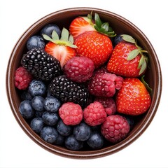Obraz premium A vibrant bowl of mixed berries including strawberries and blueberries, isolated white background, modern art style