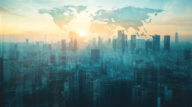 World map over a cityscape, a global business concept background