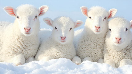 Obraz premium Four lambs in snow, sunny day, farm background, spring