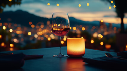Romantic dinner setting with rose wine and candlelight at sunset over a cityscape view