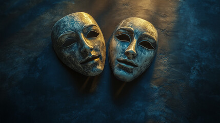 Ancient theater masks on dark textured background