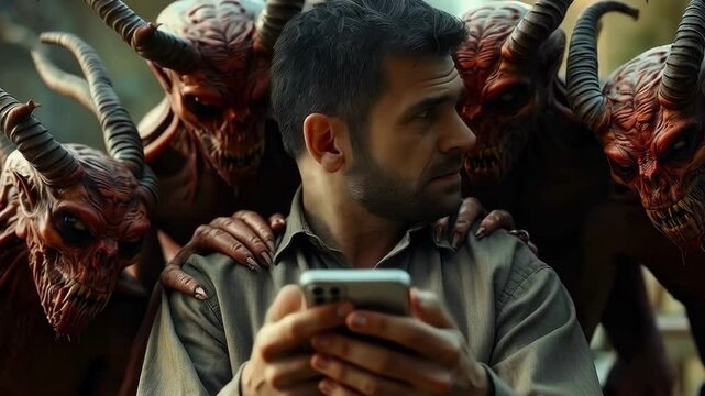 A group of evil demonic creatures are positioned around an innocent man who is holding a phone and looking at its screen