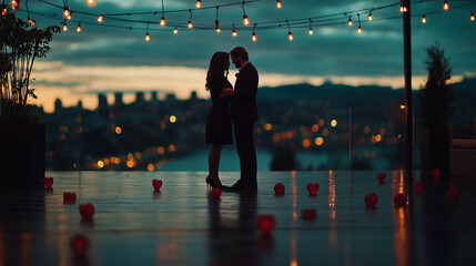 Couple sharing a romantic moment among heart decorations at dusk with city lights in the background