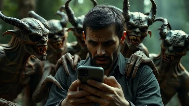 A group of evil demonic creatures are positioned around an innocent man who is holding a phone and looking at its screen