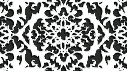 Fototapeta premium intricate black and white floral damask pattern with ornamental relief and geometric cutout detailing for modern wallpaper and fabric design