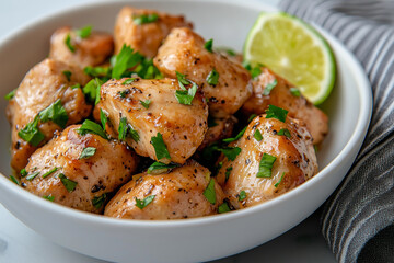 Deliciously seasoned grilled chicken bites with fresh herbs and a slice of lime perfect for a healthy meal