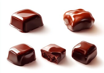 Obraz premium Close up view of six dark brown chocolate pieces against a white background. Some pieces are whole and others show a bite taken out, showcasing a