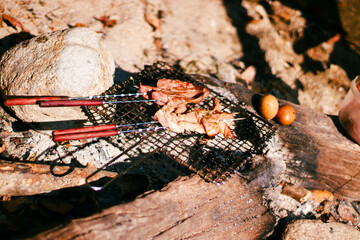 Closeup of a grilled fish sold in the streets of Kathmandu in the afternoon