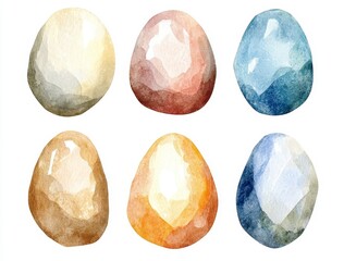 Fototapeta premium Six watercolor painted eggs in various pastel colors against a white background. The eggs are smooth and glossy, showing subtle shading and texture