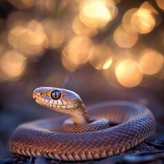 Obraz premium Snake coiled gracefully on the ground surrounded by shimmering bokeh lights in a natural setting during twilight hours