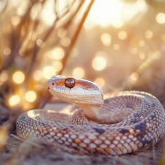 Fototapeta premium Desert snake resting under warm sunlight at sunset with glowing bokeh background