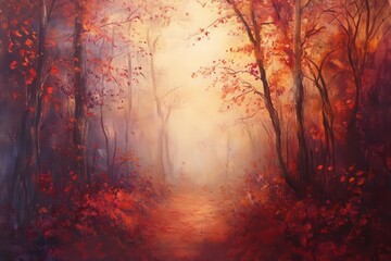 mystical autumn forest scene with golden light filtering through red and orange leaves, impressionistic brush strokes create ethereal atmosphere