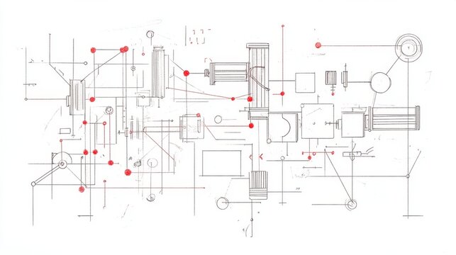 Abstract technical drawing with red nodes and lines, complex machinery illustration.