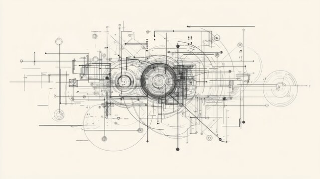 Abstract technological blueprint design with interconnected lines, circles, and geometric shapes.