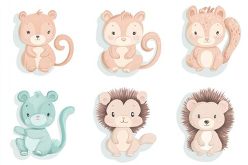 Obraz premium Cute baby animals illustration, pastel colors, white background, for kids' products