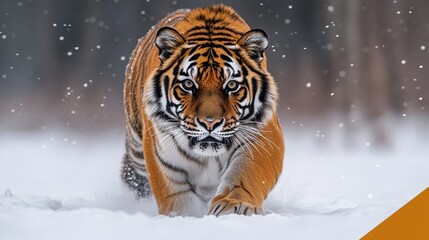 Siberian tiger stalking in snowy forest, winter wildlife