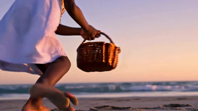 A young Black girl enjoys collecting seashells at the beach as the sun sets in the background, radiating happiness and wonder