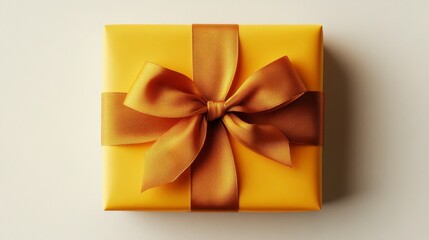 Overhead shot of a square yellow gift box with a gold ribbon tied in a bow. The textured background is a light beige