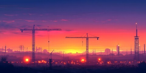 Naklejka premium Stunning Sunset Over City Construction with Cranes and Urban Skyline in Vibrant Colors