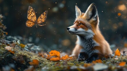 Red fox watching butterfly, autumn forest, bokeh background, nature fantasy