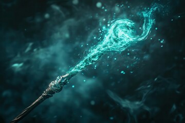 mystical water spell erupting from crystal wand, dark swirling aqua energy spiraling through shadowy atmosphere, ethereal blue-green magical effects, dramatic lighting