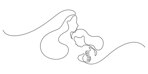 Woman embracing child. Mother with daughter. Continuous line drawing. 