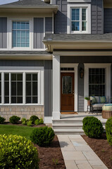 Obraz premium Luxury House Exterior: Gray Siding, Stone Accents, and Landscaped Walkway