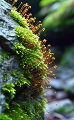 Naklejka premium a moss growing on a rock in the woods