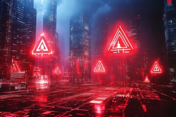neon cyberpunk cityscape with giant holographic warning symbols, matrix-style data streams, and red alert notifications piercing through dark atmospheric fog