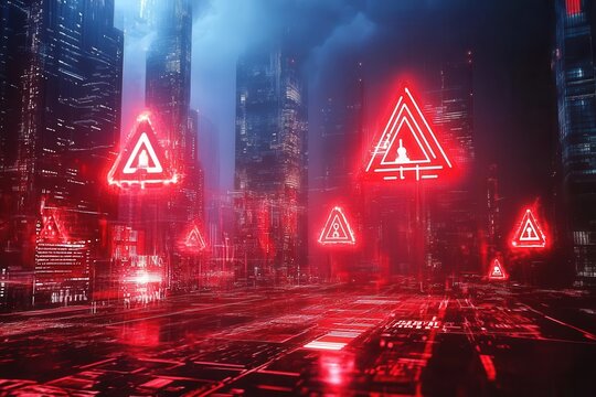 neon cyberpunk cityscape with giant holographic warning symbols, matrix-style data streams, and red alert notifications piercing through dark atmospheric fog